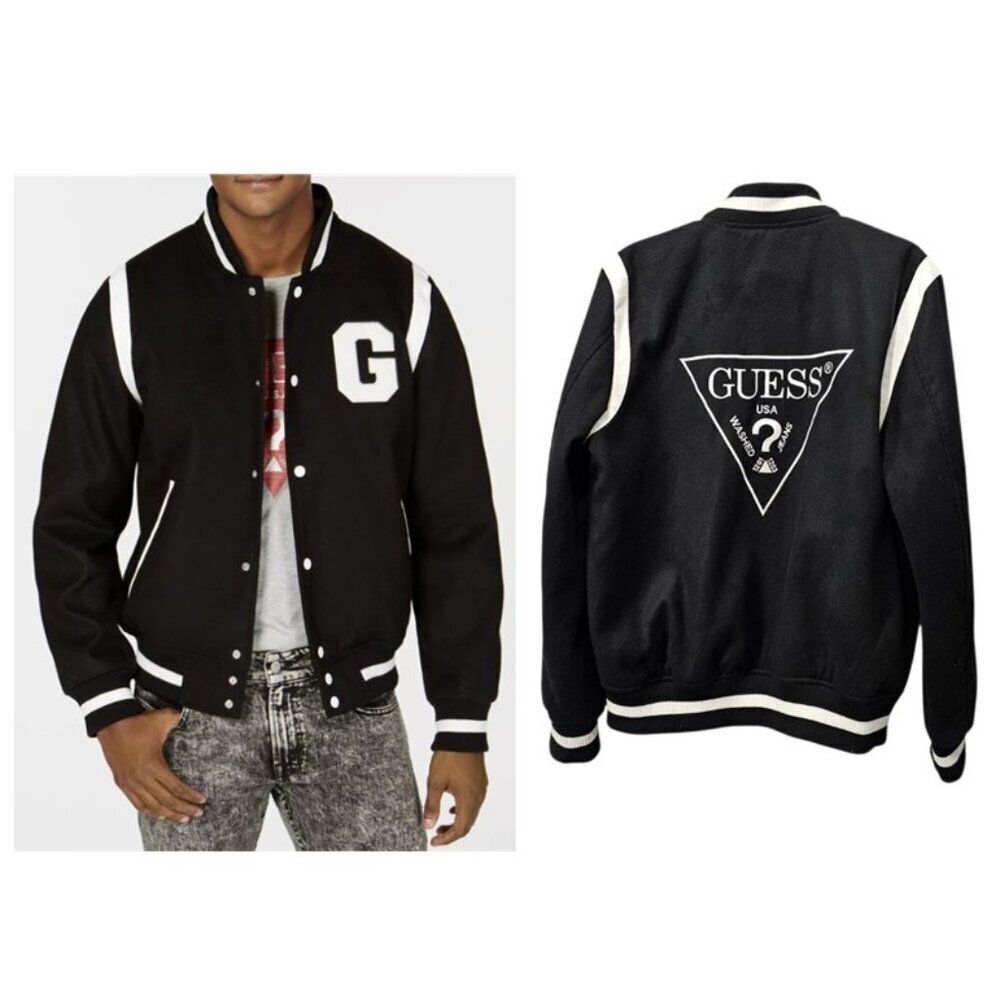 GUESS Men's G Varsity Letterman Full Front Snap Bomber Jacket Black White Size L